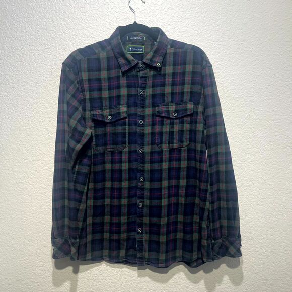 William Murray Golf Flannel Shirt Mens L Multicolor Plaid Cotton Stretch Pleated - Picture 1 of 16